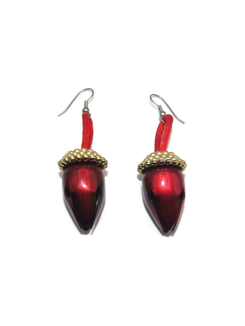Vintage Red and Gold Christmas Bell Dangle Earrings with Hook Backs.